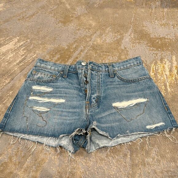 IRO Gacily Chain Embellish Distress Denim shorts size 24 GUC button up fly - Picture 1 of 9